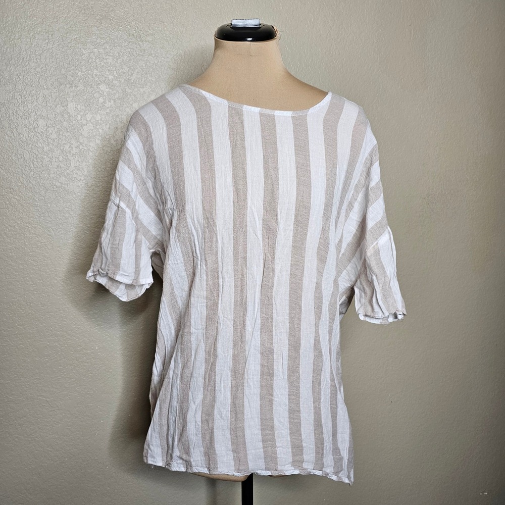 The Cove Tan White Striped Twist‎ Back V-Neck Blouse Short Sleeve Small